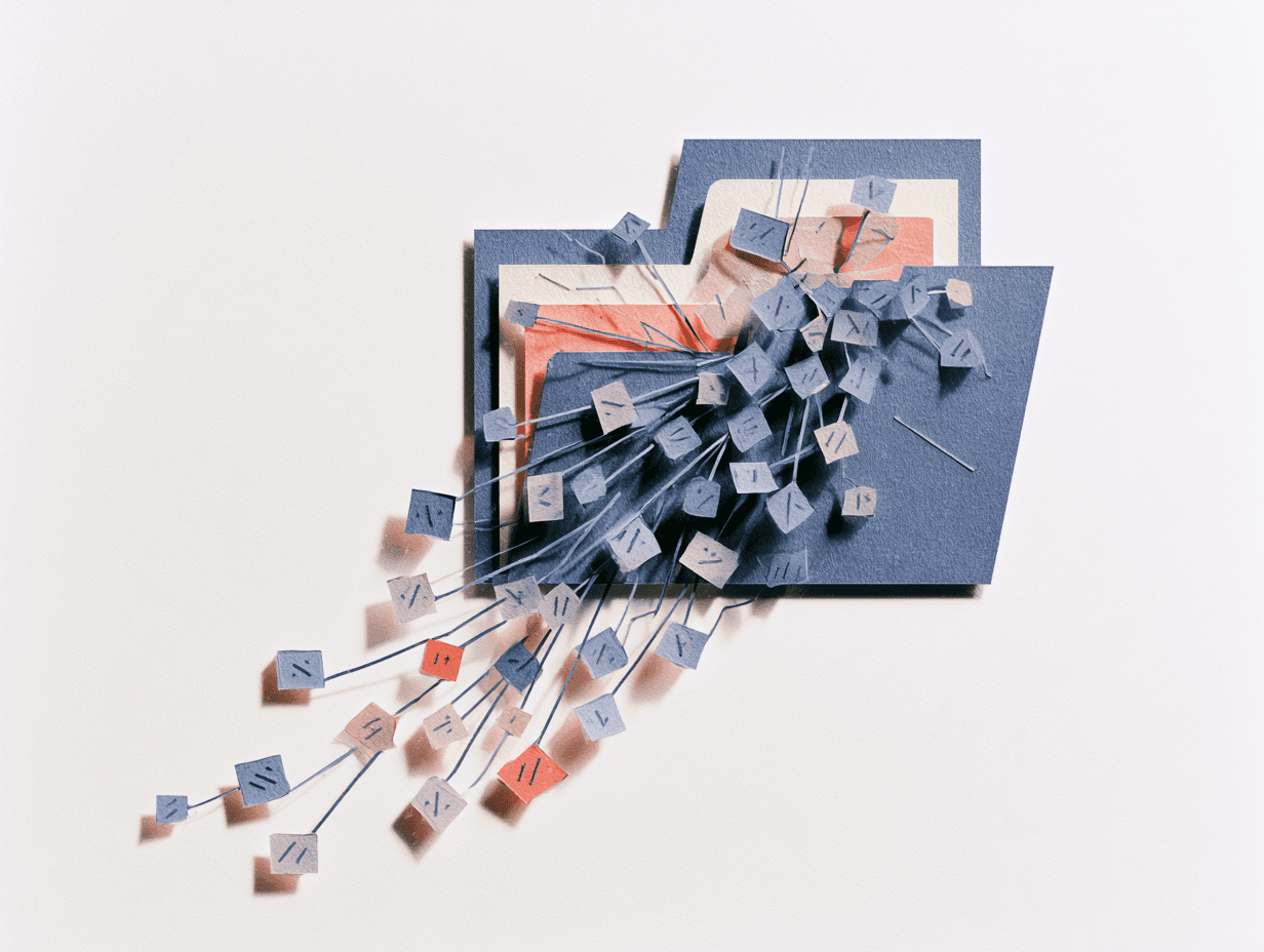 Cut-paper collage of an open folder spilling markdown cards — the content design brain